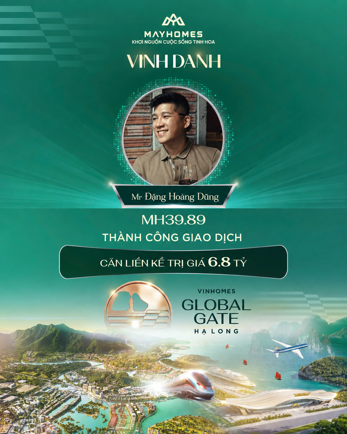 Mr Đặng Hoàng Dũng MH39.89 thành công giao dịch căn liền kề Vinhomes Global Gate Hạ Long 6.8 tỷ